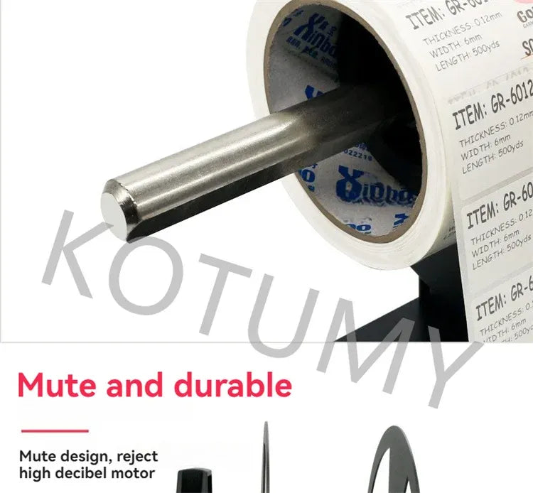 Label rewinding machine showing label roll on white backing with metal drive rod