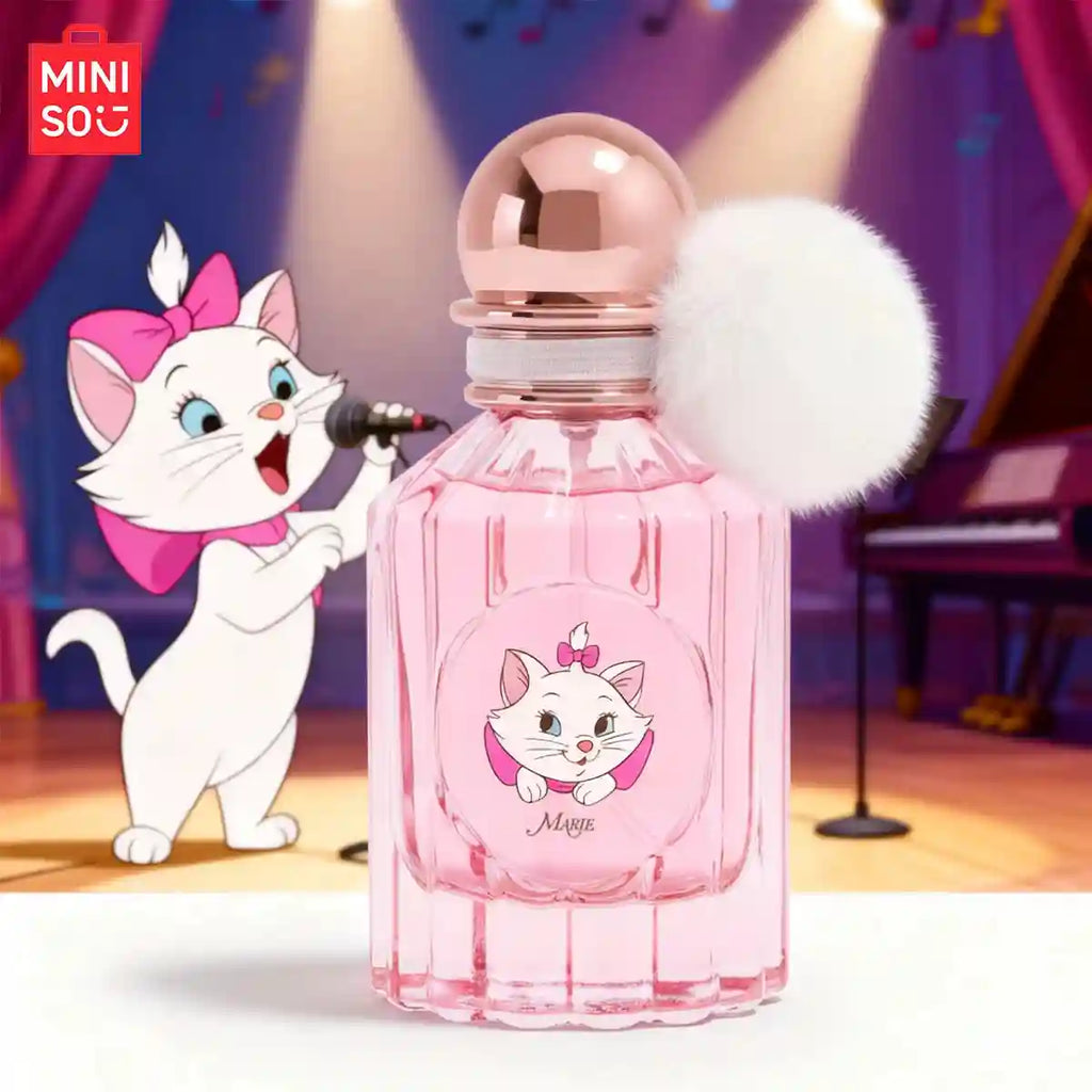 MINISO x Disney Marie floral fruity perfume for women. Pink 50ml bottle with white pom-pom cap. Cute girls' gift spray.