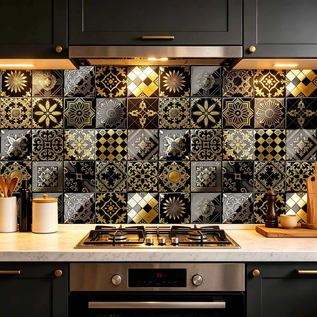 20pcs Classic Black Gold Ornate Baroque Style Tile Transfers Waterproof Stickers for Home Renovation