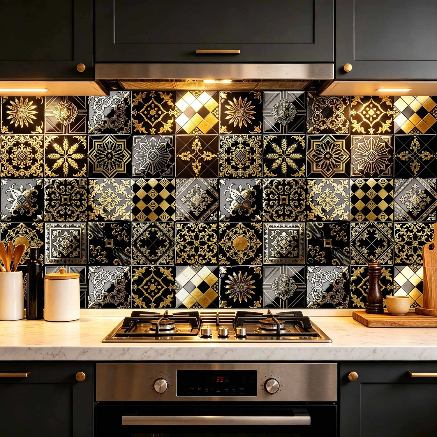 20pcs Classic Black Gold Ornate Baroque Style Tile Transfers Waterproof Stickers for Home Renovation
