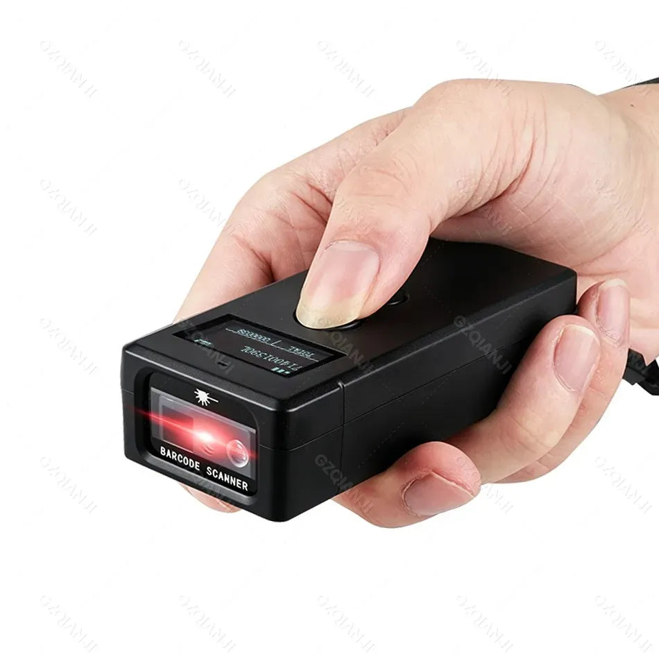 2D barcode scanner with backlit scan indicator and display, black body in hand