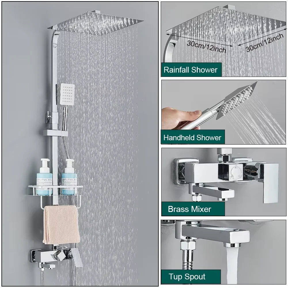 Rainfall Bathroom Shower Faucet Kit With Bidet Wall Mounted Stainless Steel Hot Cold Water Mixer Tap System With Rack,Tub Spout