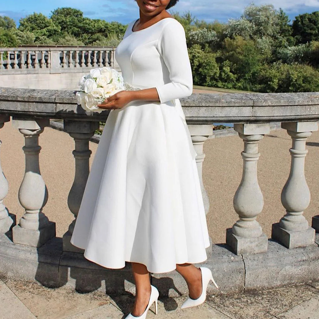 Elegant Pure Color Maxi Dress Evening Gown A- Line Skirt Polyester Fabric round Neck Short Sleeve High Waist Midi Dress