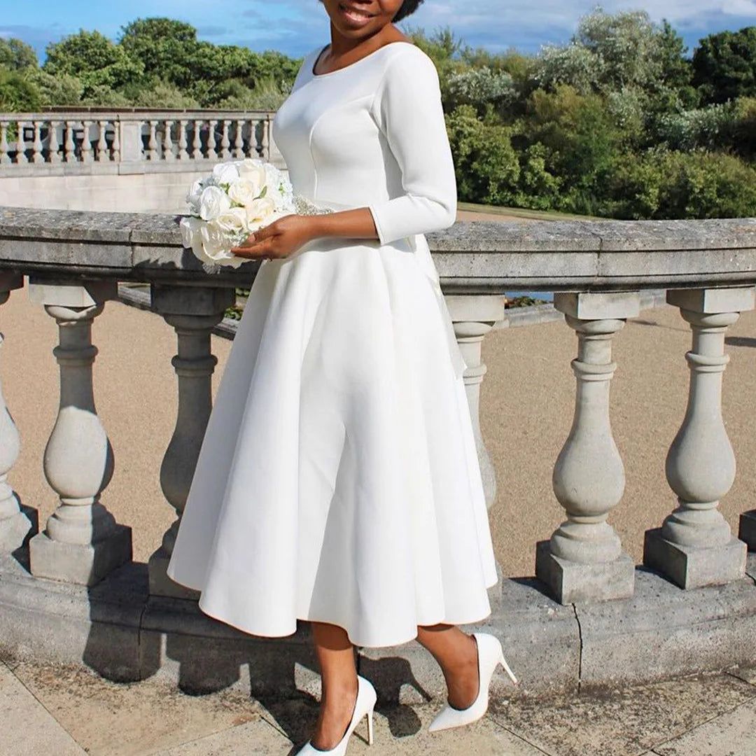 Elegant Pure Color Maxi Dress Evening Gown A- Line Skirt Polyester Fabric round Neck Short Sleeve High Waist Midi Dress