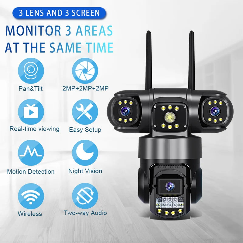 15MP Three Lens Three Screens PTZ IP Camera Outdoor HD Wifi Security Camera 10X Zoom Ai Human Detection Home Surveillance Camera