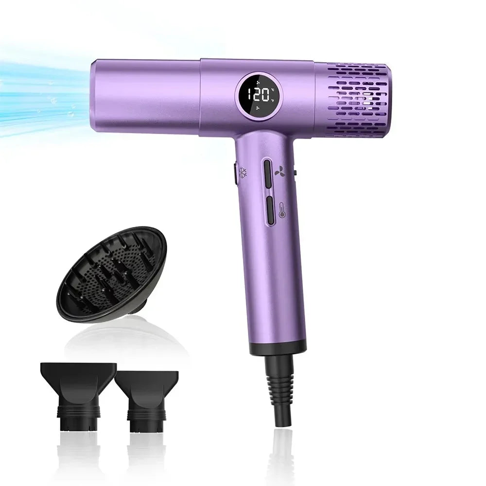 Purple high-speed hair dryer with LCD display, brushless motor, diffuser, and two nozzles for fast, ionic styling.