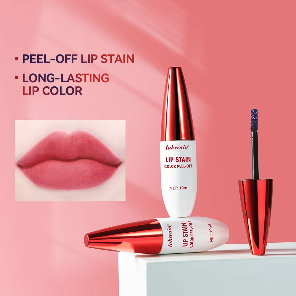 Lakerain waterproof peel-off lip stain with matte finish applicator and long-lasting transfer-resistant pink lip color.