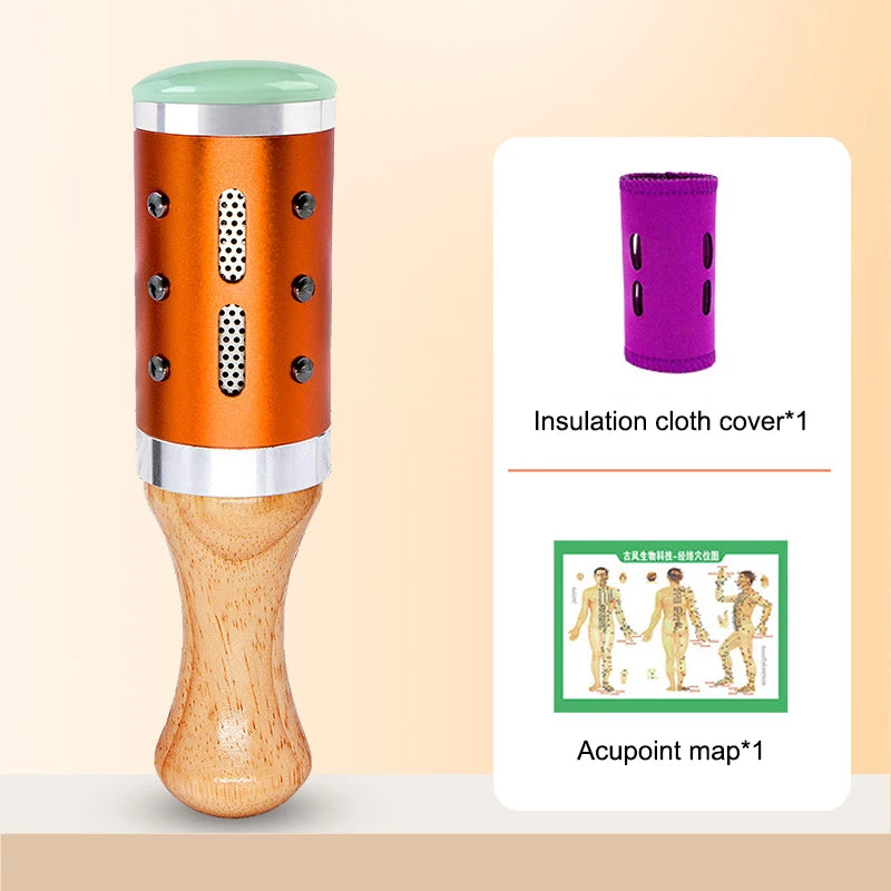 Moxibustion tool with orange metal body and wooden handle, including a purple fabric cover and an acupoint map.