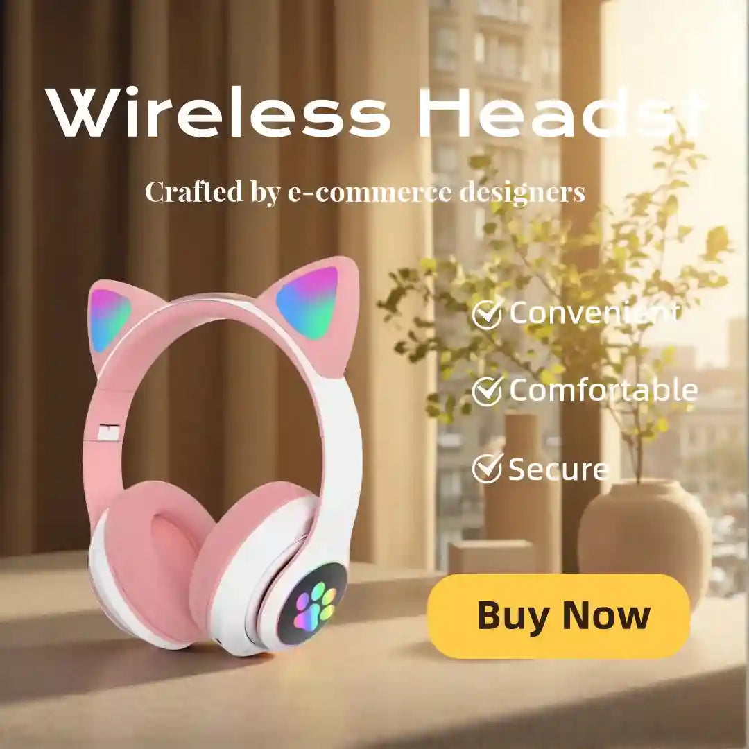 Wireless Over-Ear Cat Headphones with Low Latency Audio - Tidesmit Pink Tidesmit