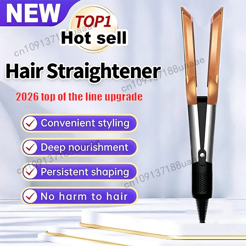 2-in-1 professional hair dryer and straightener with metallic gold plates and ergonomic black handle for sleek styling.