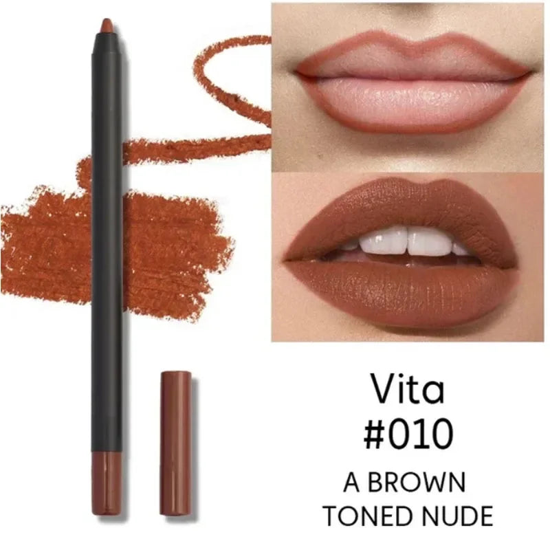 Matte nude brown lip liner pencil for long-lasting, waterproof lip makeup with smooth application and swatch.