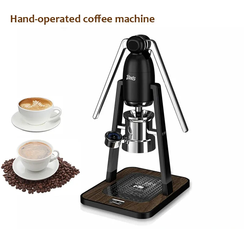 Bincoo manual lever espresso machine in black and steel with wooden base, including two cups of coffee.