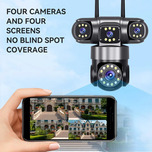 Tidesmit 10K 20MP outdoor WiFi security camera with 4 lenses and 16X zoom for 360-degree wireless surveillance