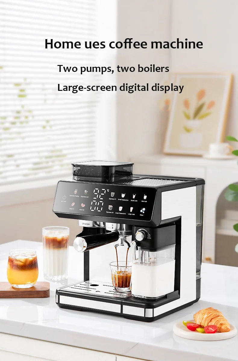 Black and white home espresso machine with dual boiler, milk frother, and large digital touchscreen display.
