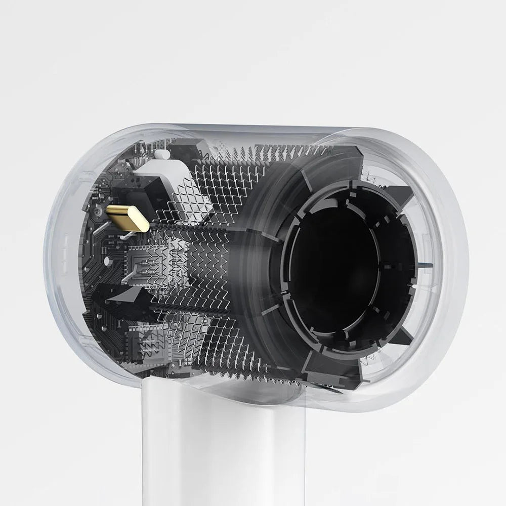 Internal view of Mijia H501 SE high-speed hair dryer showing 110,000 RPM motor and advanced ion technology components.
