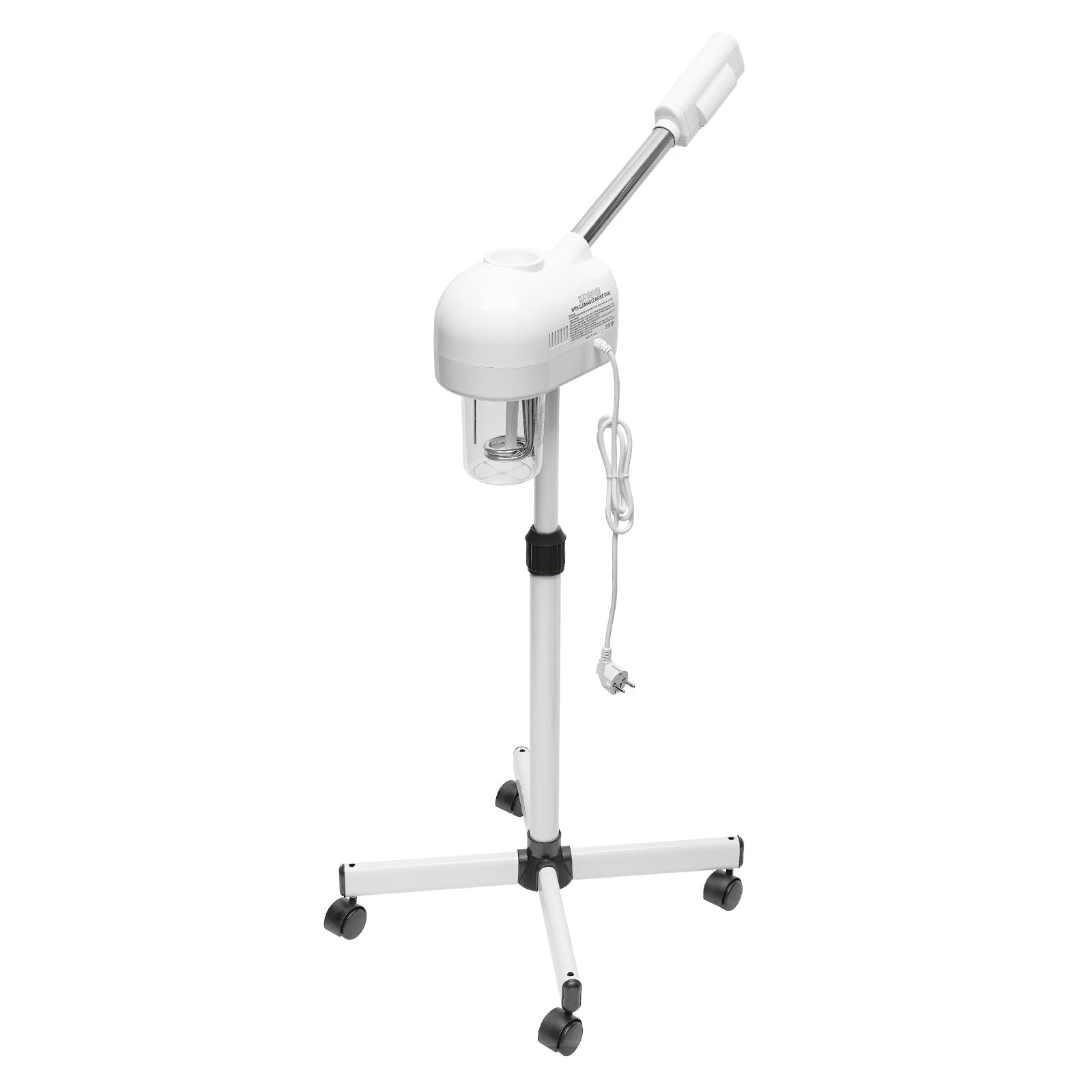Professional 800W white facial steamer with adjustable stand, 750ml tank, and rolling wheels for salon or spa use.