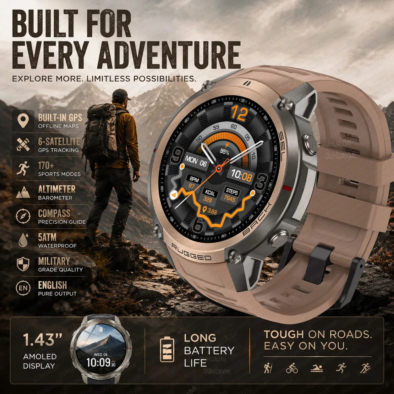 Tan sports smart watch with molded strap and analog-style compass display