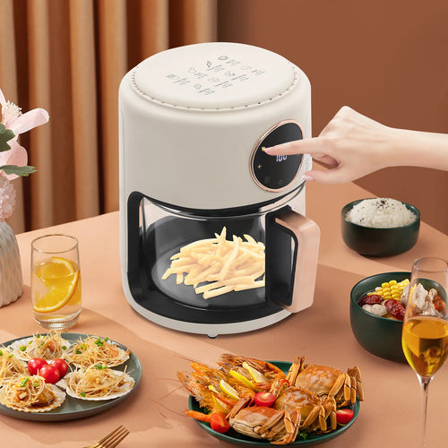 White air fryer with viewing window and control dial; fries cook in basket