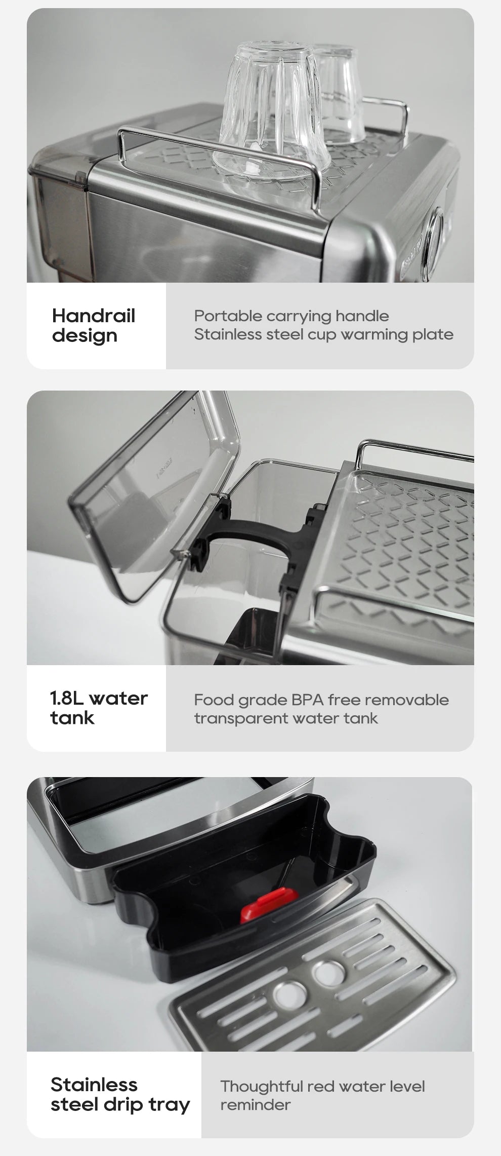 Stainless steel coffee machine with 1.8L BPA-free water tank, cup warmer, and removable drip tray.