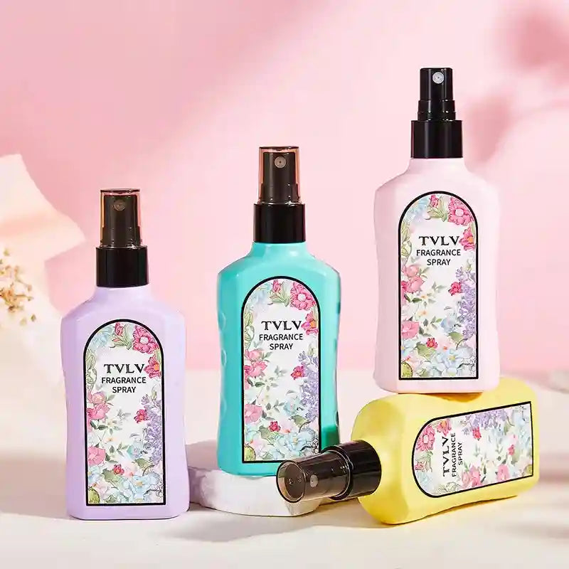 TVLV Jasmine fragrance spray for women: long-lasting floral scent in colorful, square-shaped pump bottles.