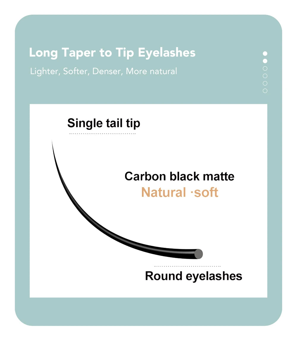 Diagram showing a curved, carbon-black matte individual eyelash extension with a tapered, natural-looking tip.
