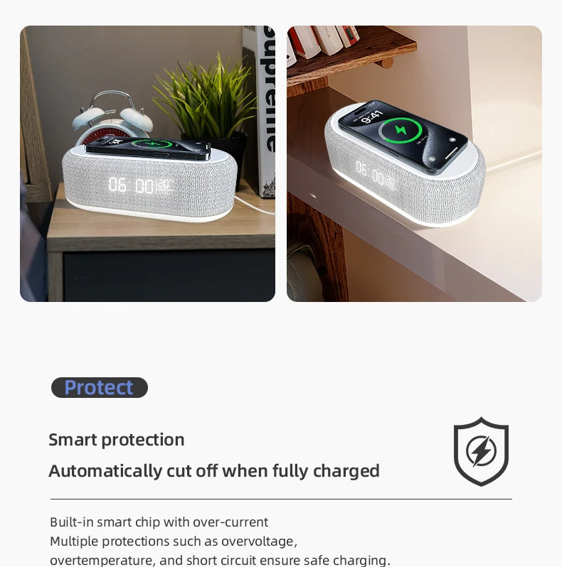 Portable Bluetooth Speaker with Wireless Charger and Alarm Clock - White Tidesmit