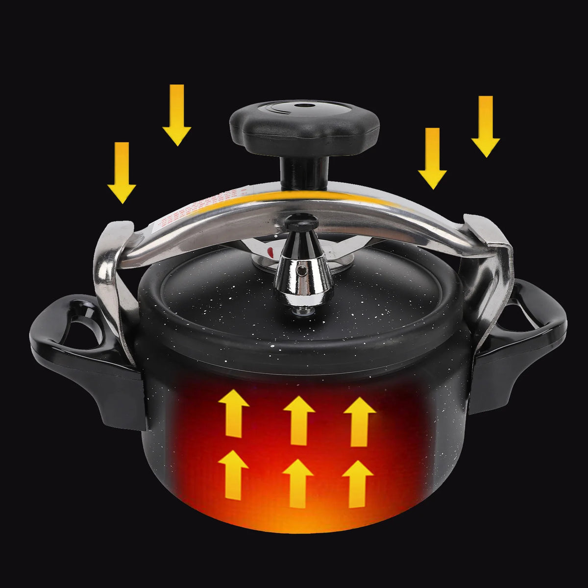 Black speckled pressure cooker with domed lid and central steam valve