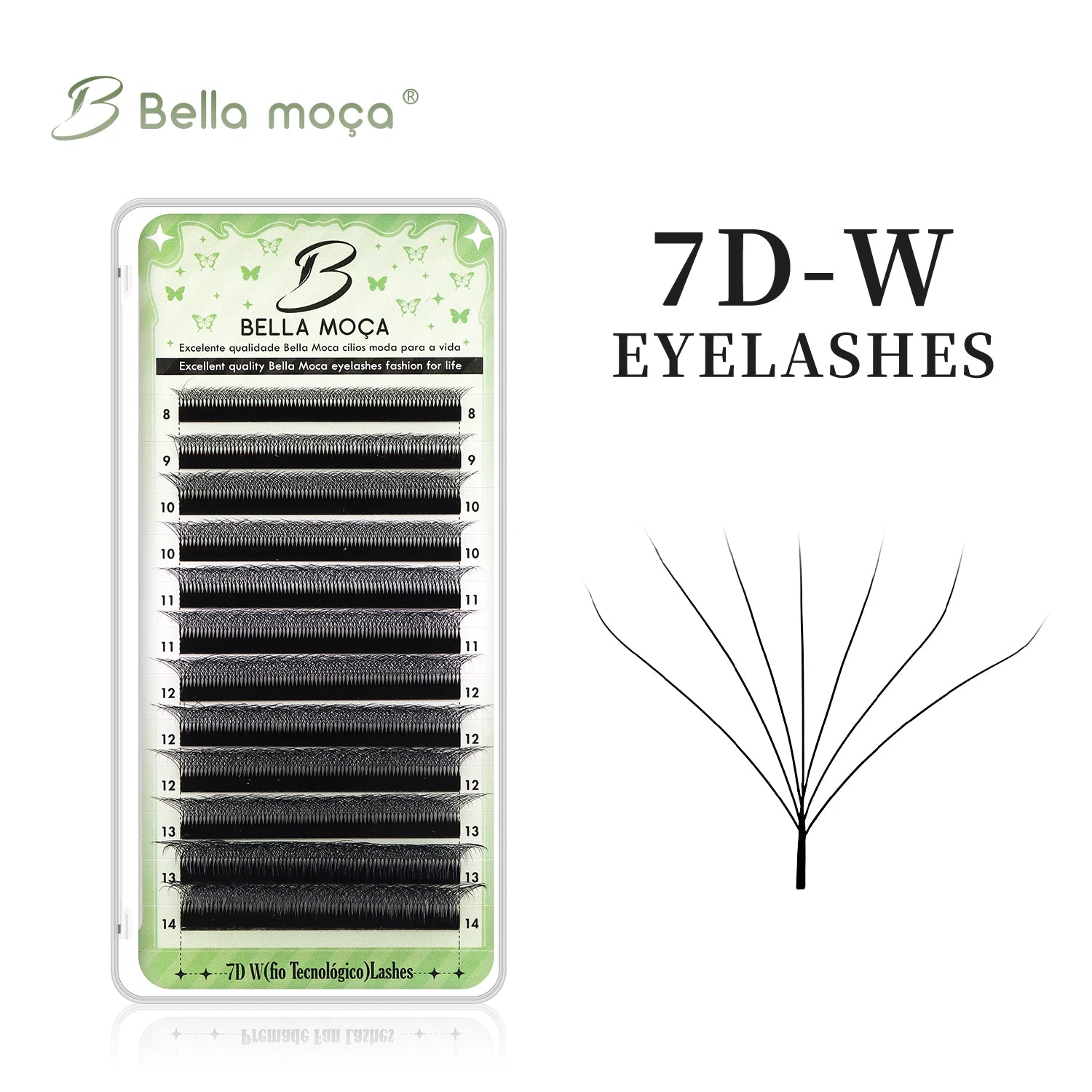 Bella Moça 7D-W volume lash tray in a clear case, featuring black silk lashes with lengths labeled 8mm to 14mm.