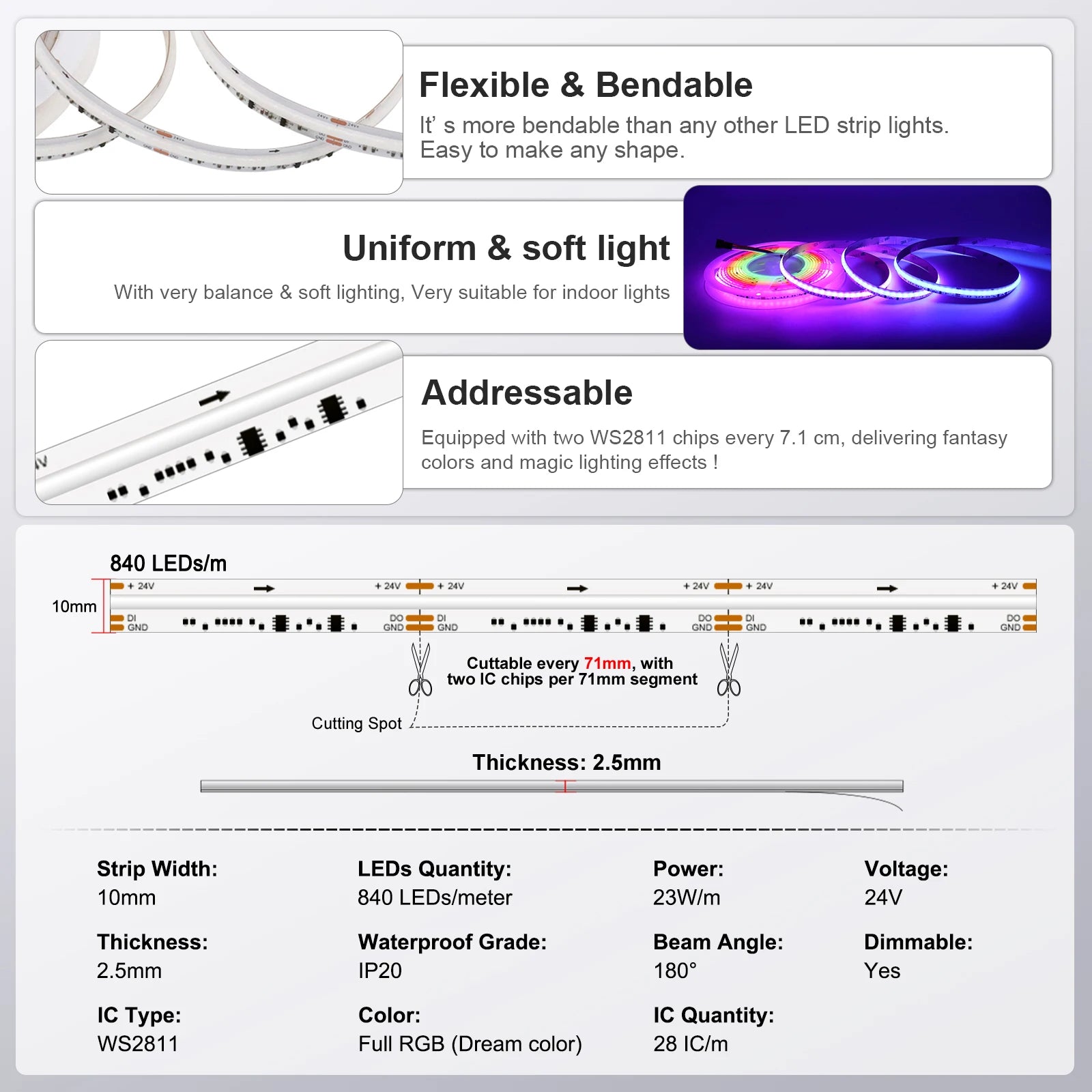 WS2811 Dual IC RGBCCT COB LED Strip Light High Density Chasing Running Addressable RGB LED Tape Support 3000K-6000K CCT Dimmable