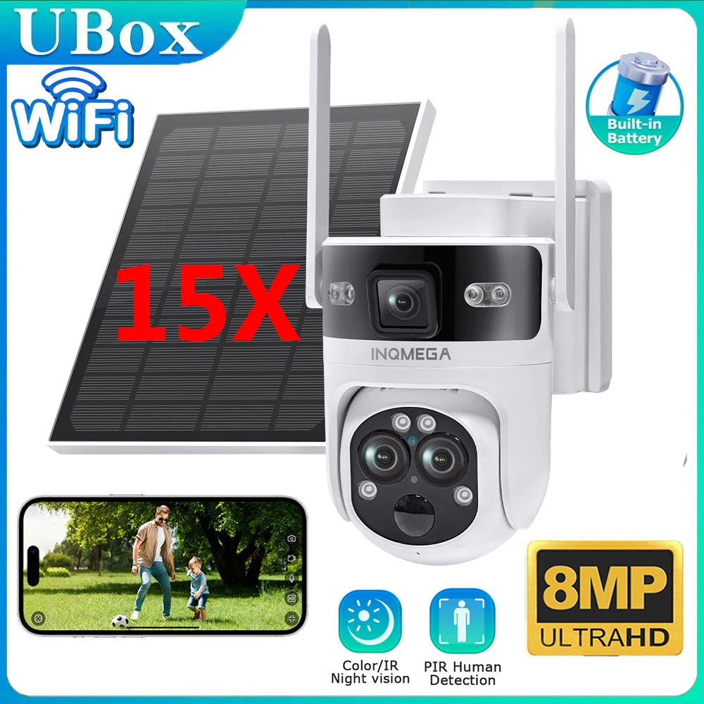 White solar PTZ WiFi security camera with dual lens, 15X zoom, 8MP UltraHD, built-in battery
