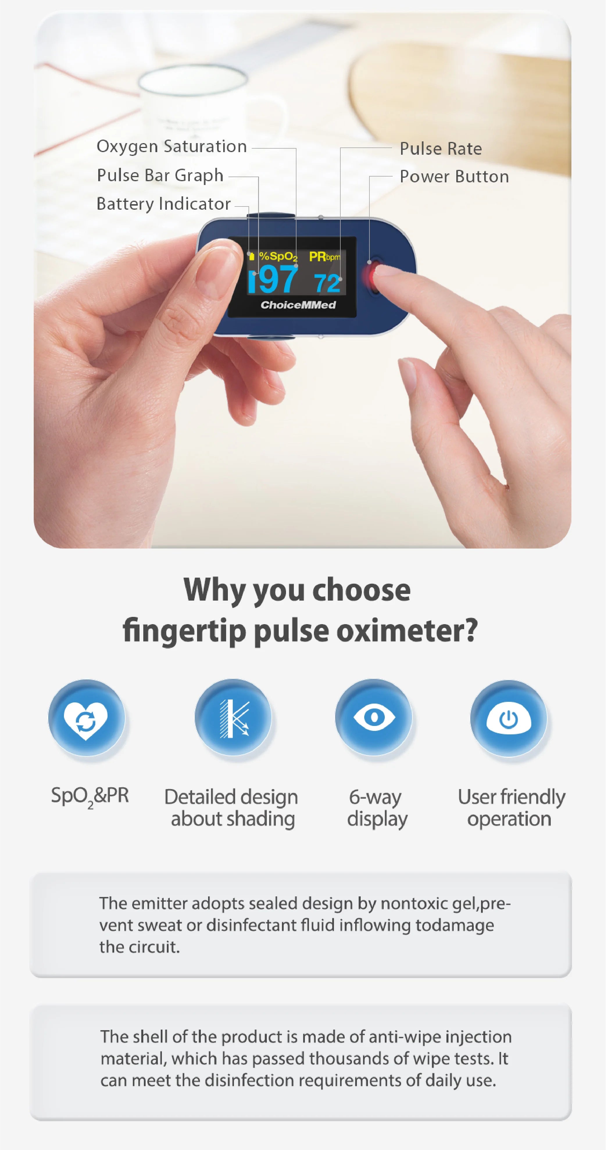 ChoiceMMed Portable Medical Finger Pulse Oximeter Blood Oxygen Heart Rate Monitor OLED Oximetro de dedo Saturometro de oxigeno