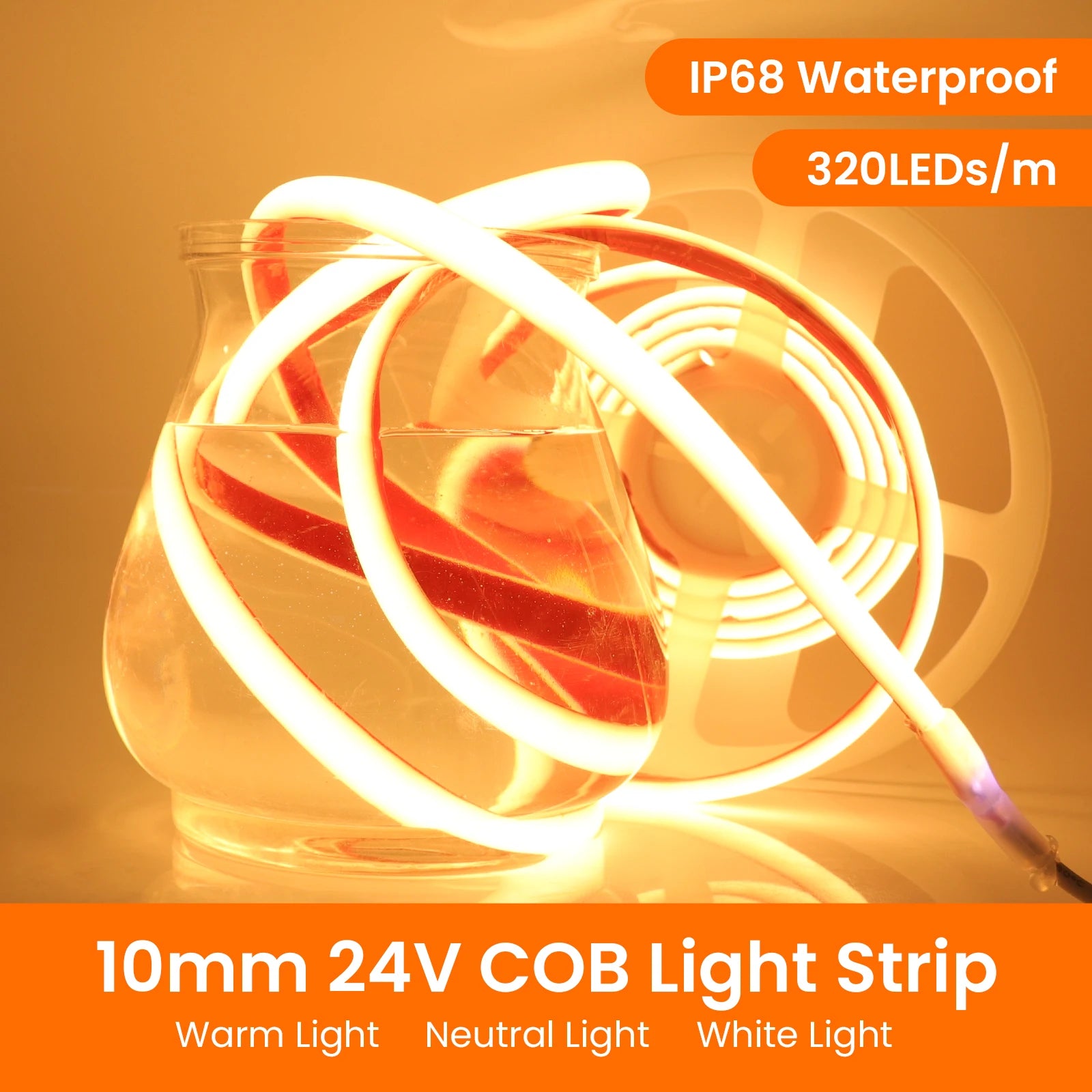 IP68 Waterproof COB LED Strip Light 12V 24V 320LEDs/m Flexible LED Neon Tape for Outdoor Swimming Pool High Density Linear Light