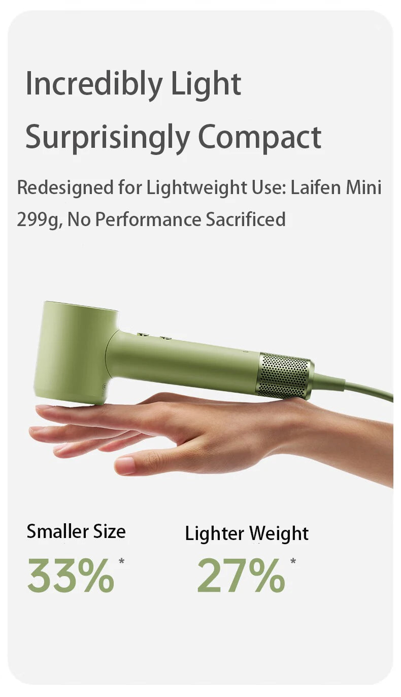 Lightweight Laifen Mini high-speed hair dryer in sage green, 299g portable design for home and travel styling.