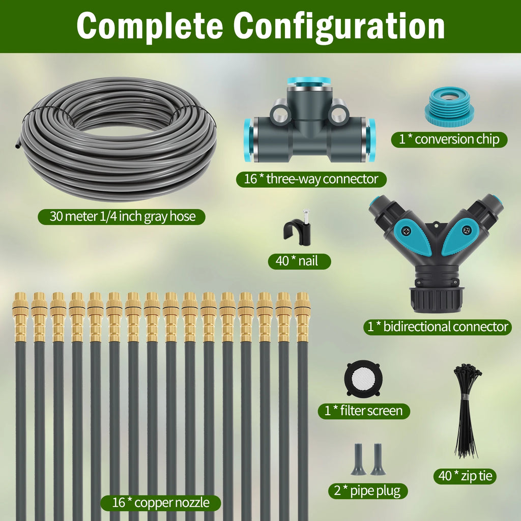 Complete drip irrigation kit components: hose coil, manifold, copper nozzles, connectors.