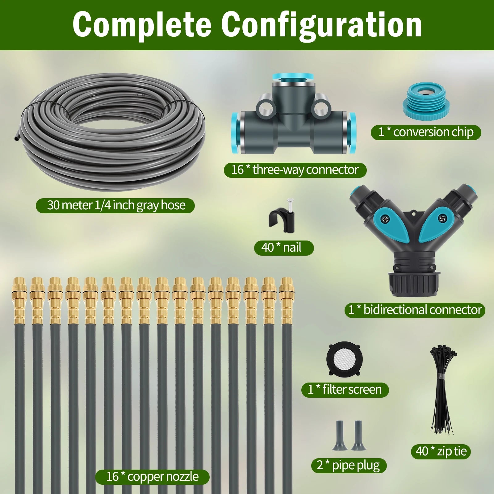 Complete drip irrigation kit components: hose coil, manifold, copper nozzles, connectors.