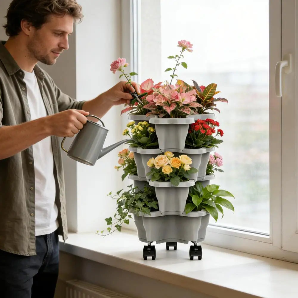 Stackable Vertical Planter 4/5-Tier with Wheels Weatherproof Plastic Flower Pot Garden Towers for Vegetable Strawberry Planter