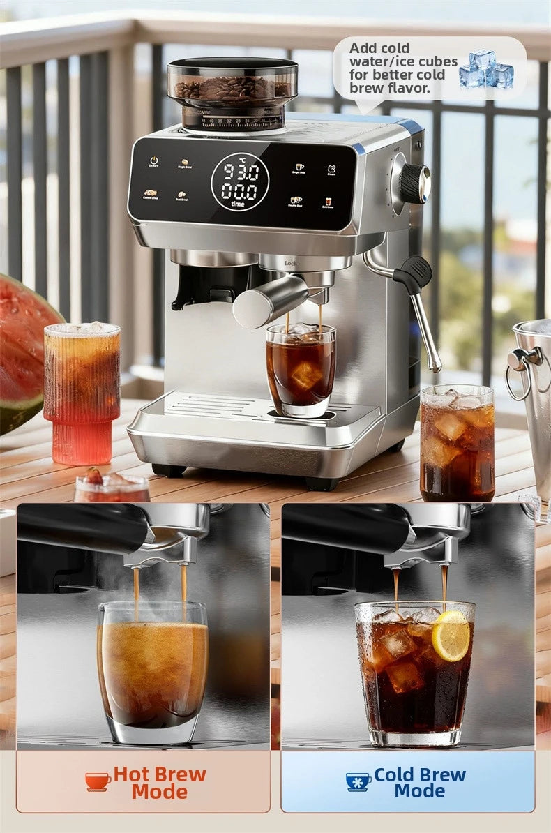 Stainless steel espresso machine with digital display, integrated grinder, and hot and cold brew modes for coffee.