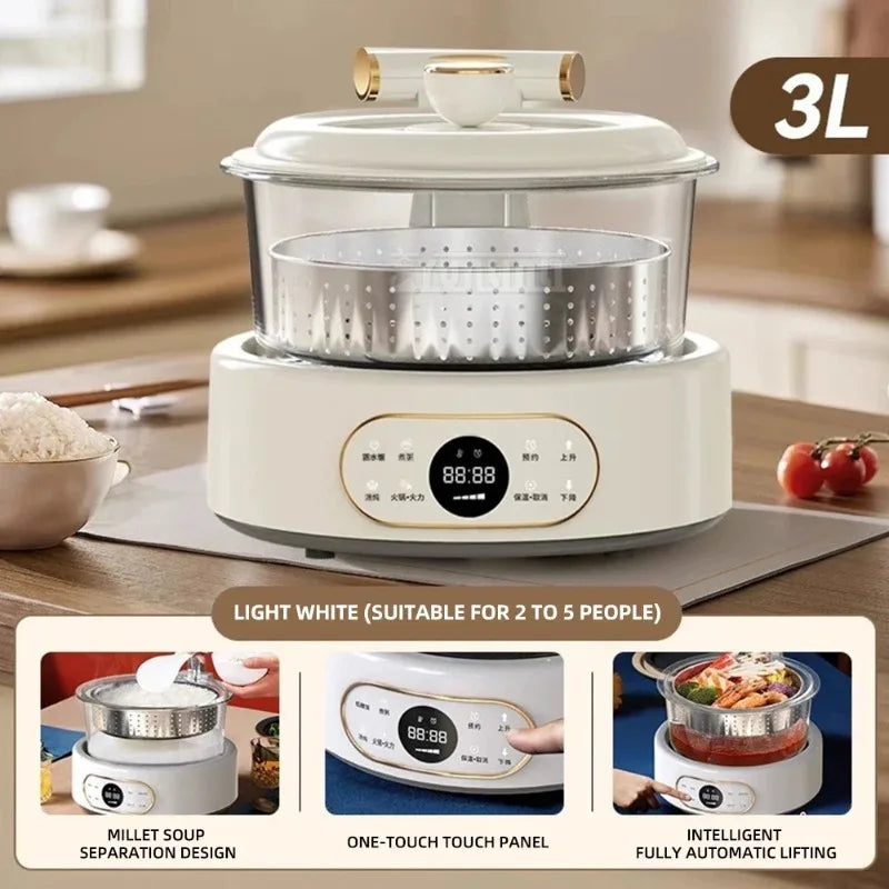 Light white 3L automatic rice cooker with steamer basket and touch control panel