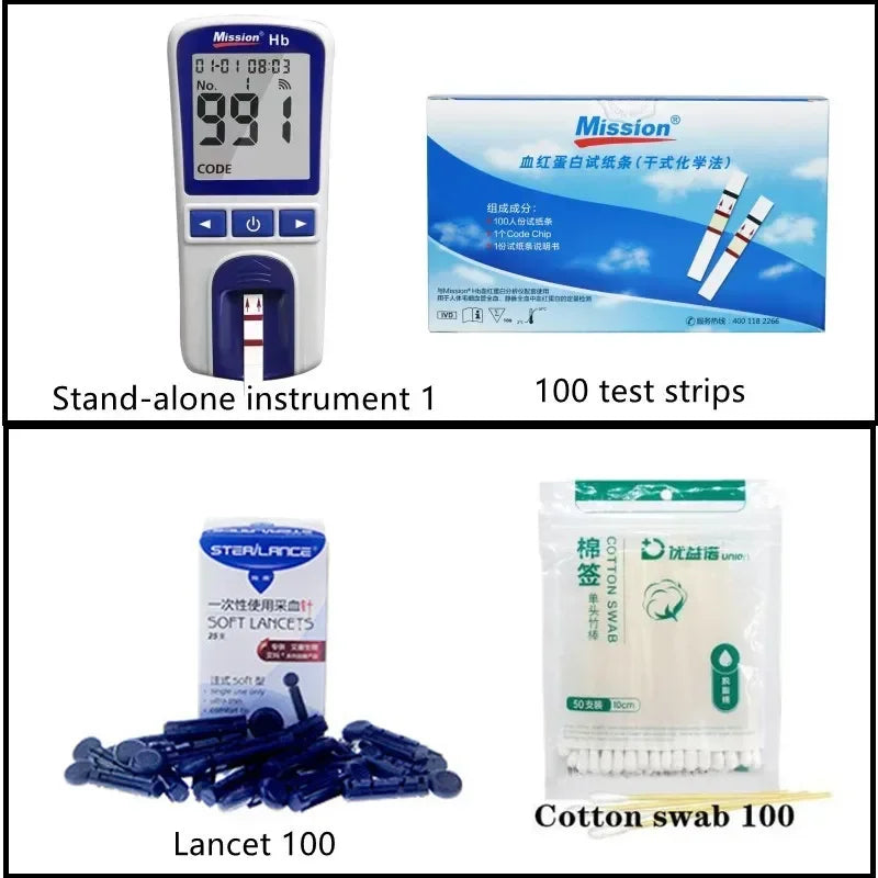 Mission Hb hemoglobin tester kit with digital meter, 100 test strips, lancets, and cotton swabs for home anemia test.