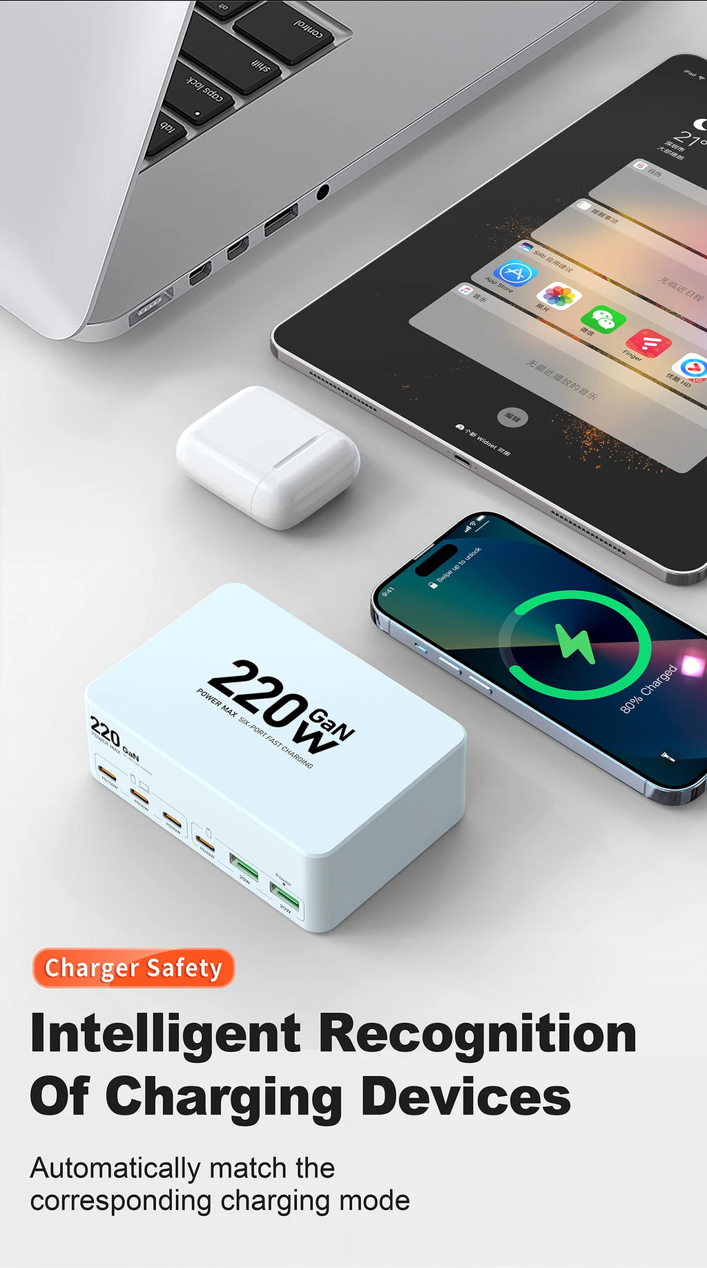220W GaN USB-C Fast Charger Station for Multi-Device Charging Tidesmit