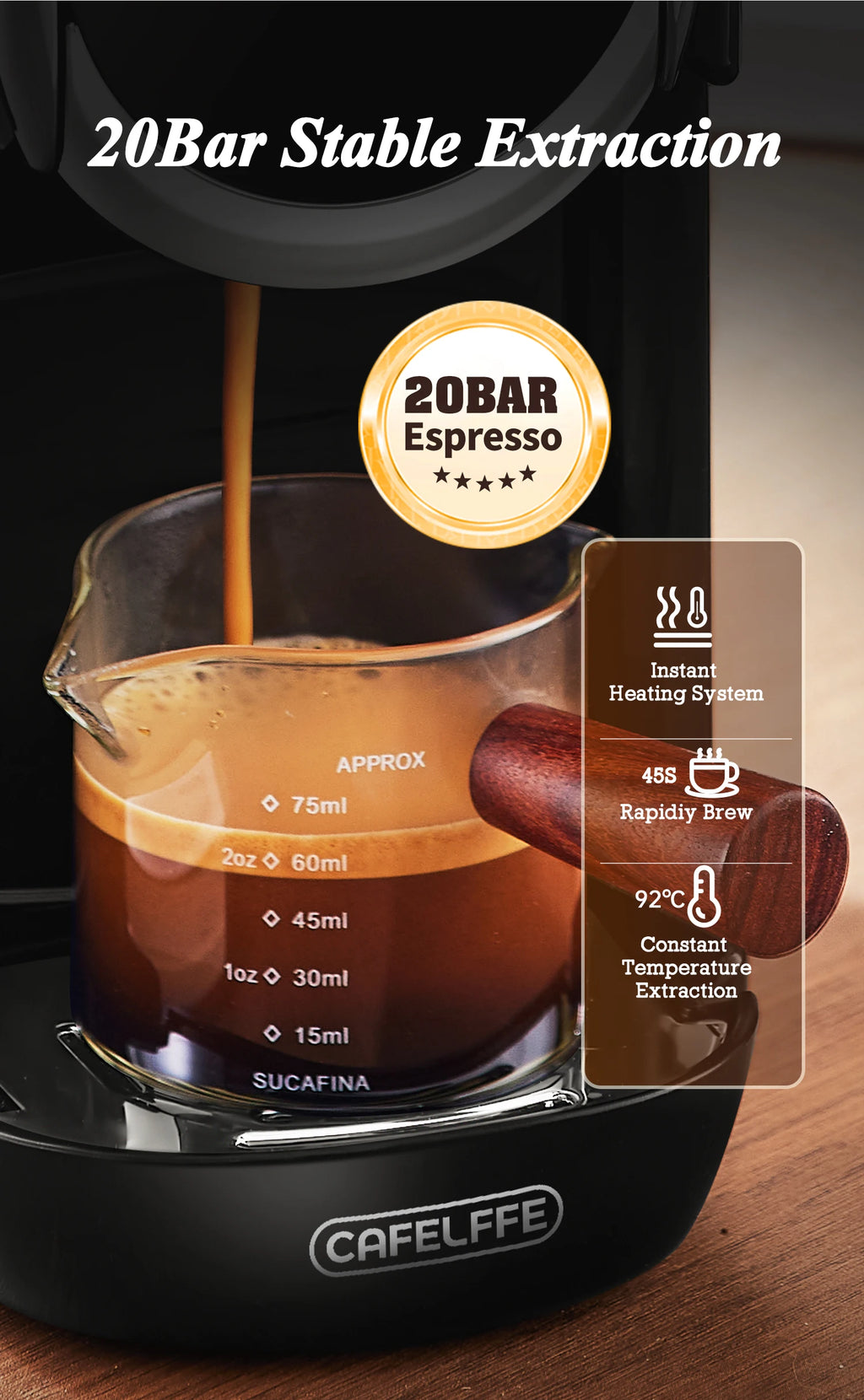 Cafelffe black 20-bar espresso machine with glass pitcher and wood-accent handle, brewing coffee into a 75ml carafe.