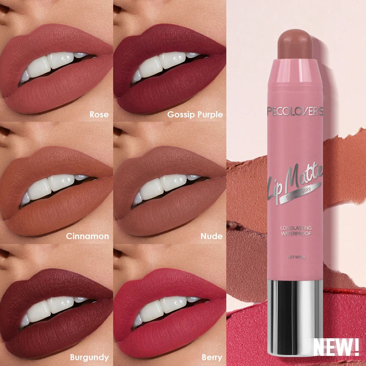 Velvet matte lipstick in diverse shades with waterproof, long-lasting formula and non-stick finish for smooth lips.