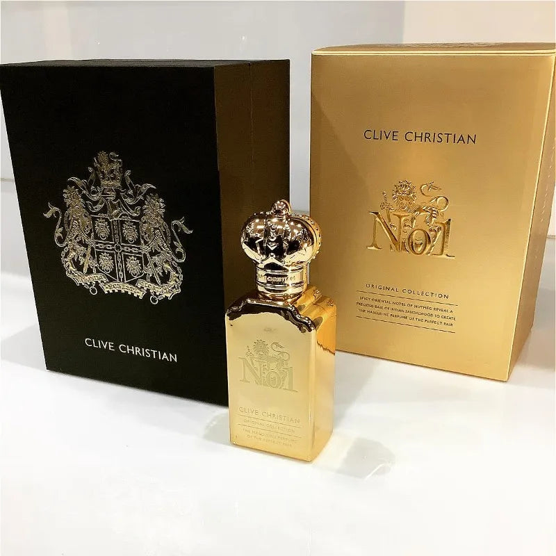 Clive Christian No1 EDP: Unisex oriental floral perfume, gold crown bottle, woody amber & nutmeg notes, luxury scent.
