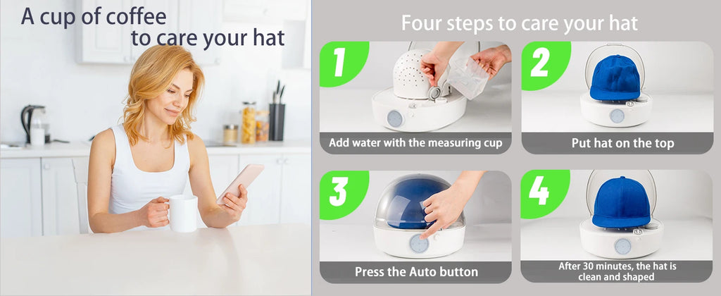 Tidesmit automatic cap care machine featuring hot and cold steam settings for restoring hat shapes and laundry care