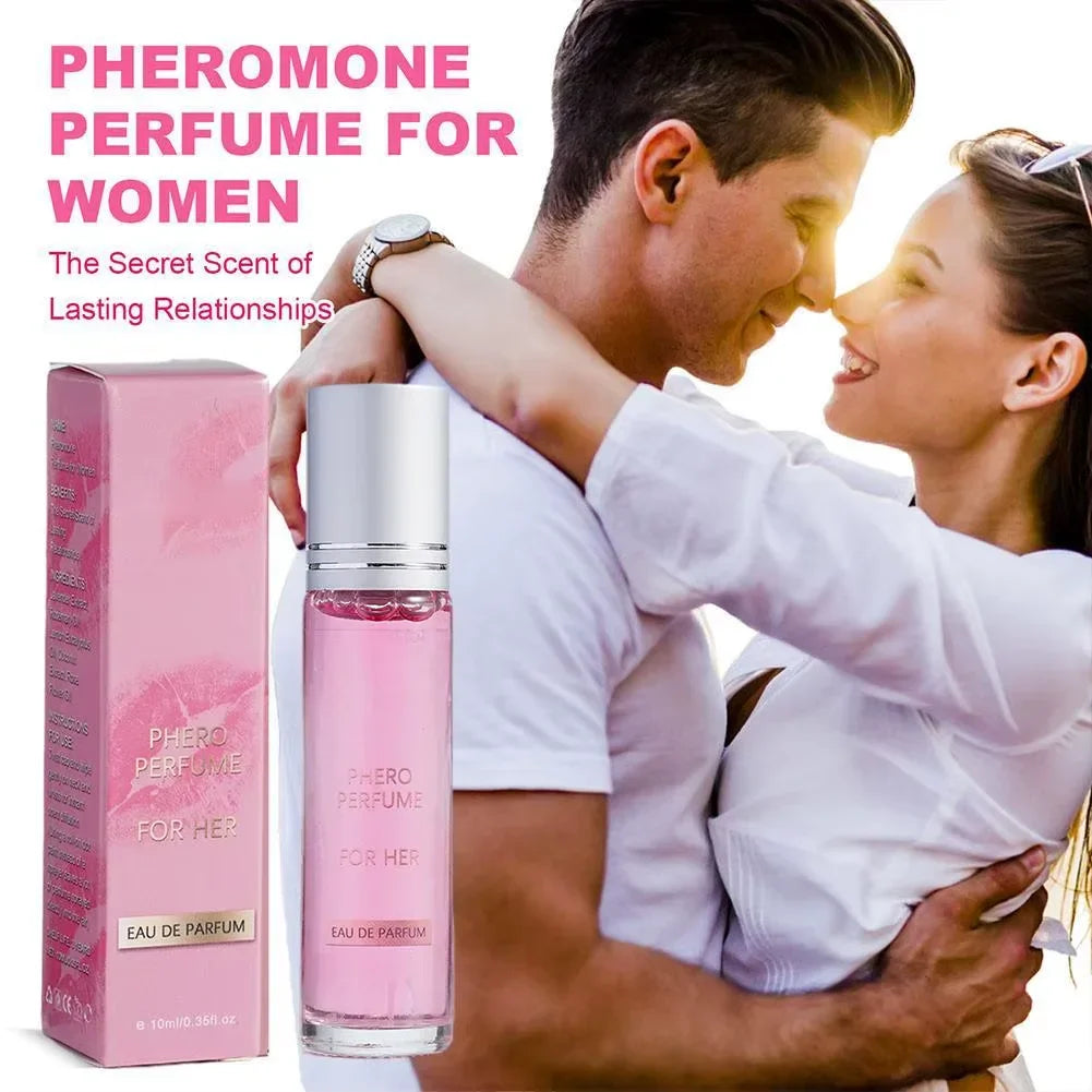 Flirting Pheromone Eau de Parfum for women, long-lasting sexy floral scent in a slim 10ml pink glass rollerball bottle.