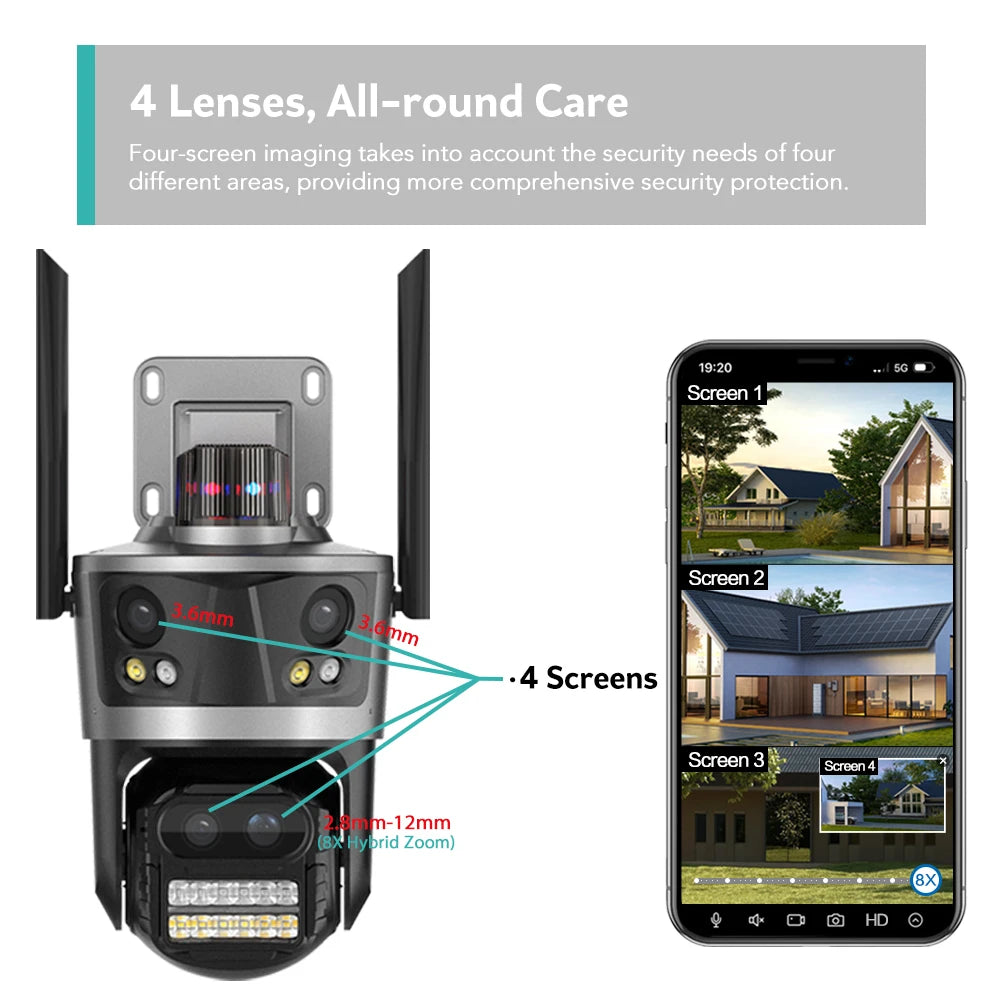 Wifi Camera Outdoor PTZ 4 Lens 4 Screen 8X Hybrid Zoom AI Auto Tracking Linkage Video Bluetooth Security Camera IP iCSee APP