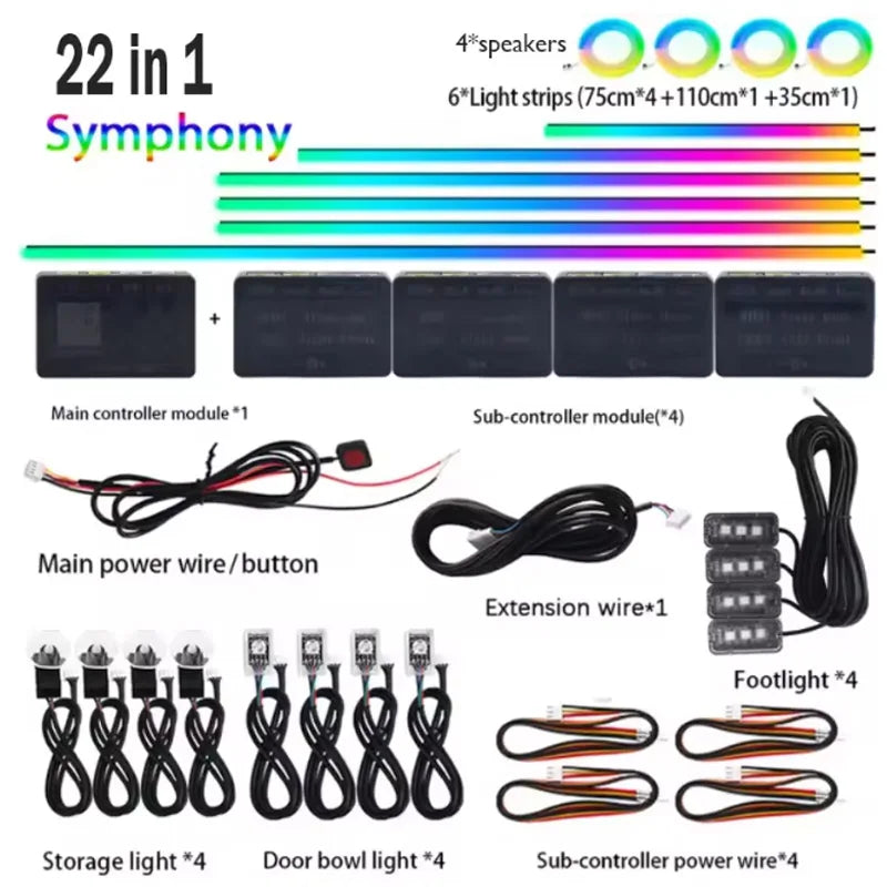 Tidesmit RGB Symphony Car Ambient Lighting Kit - Customizable LED Strips 22 in 1 Symphony Tidesmit