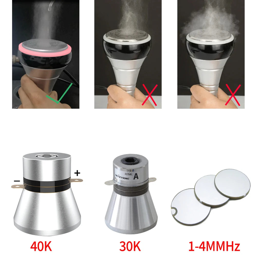 40k ultrasonic cavitation body massager parts: metal conical heads with frequency labels (40K, 30K) and round discs.