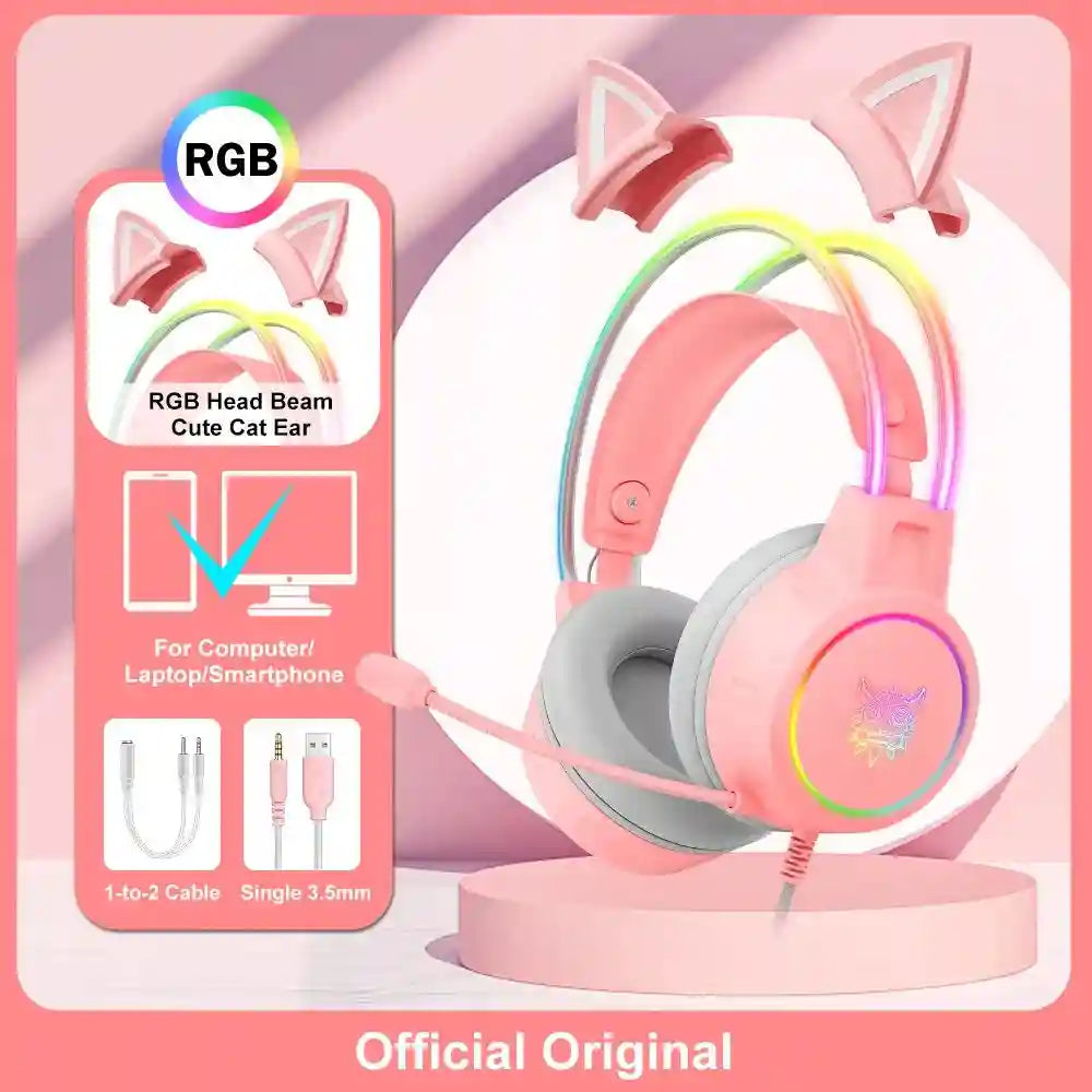Pink Cat Ear Gaming Headset | Wireless Over-Ear Headphones with Mic Pink with Cat Ear Tidesmit