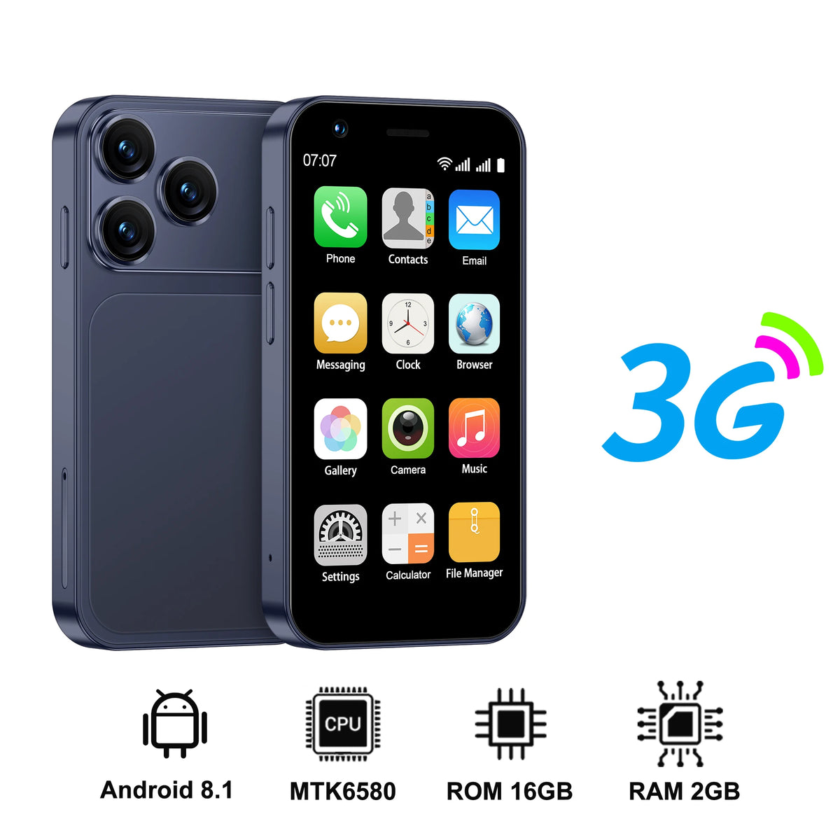 Blue 3-inch mini Android smartphone with front display and triple rear camera module
